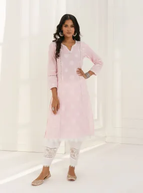 Mulmul Cotton Kannur Pink Kurta With Floral Organza White Panelled Salwar