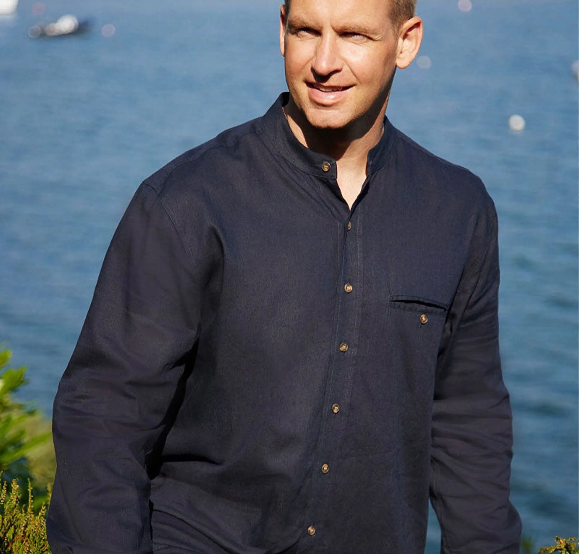 Navy Linen Grandfather Shirt