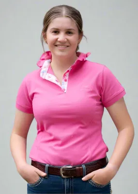 Patsy - Pink Ruffle Polo Shirt with floral trim