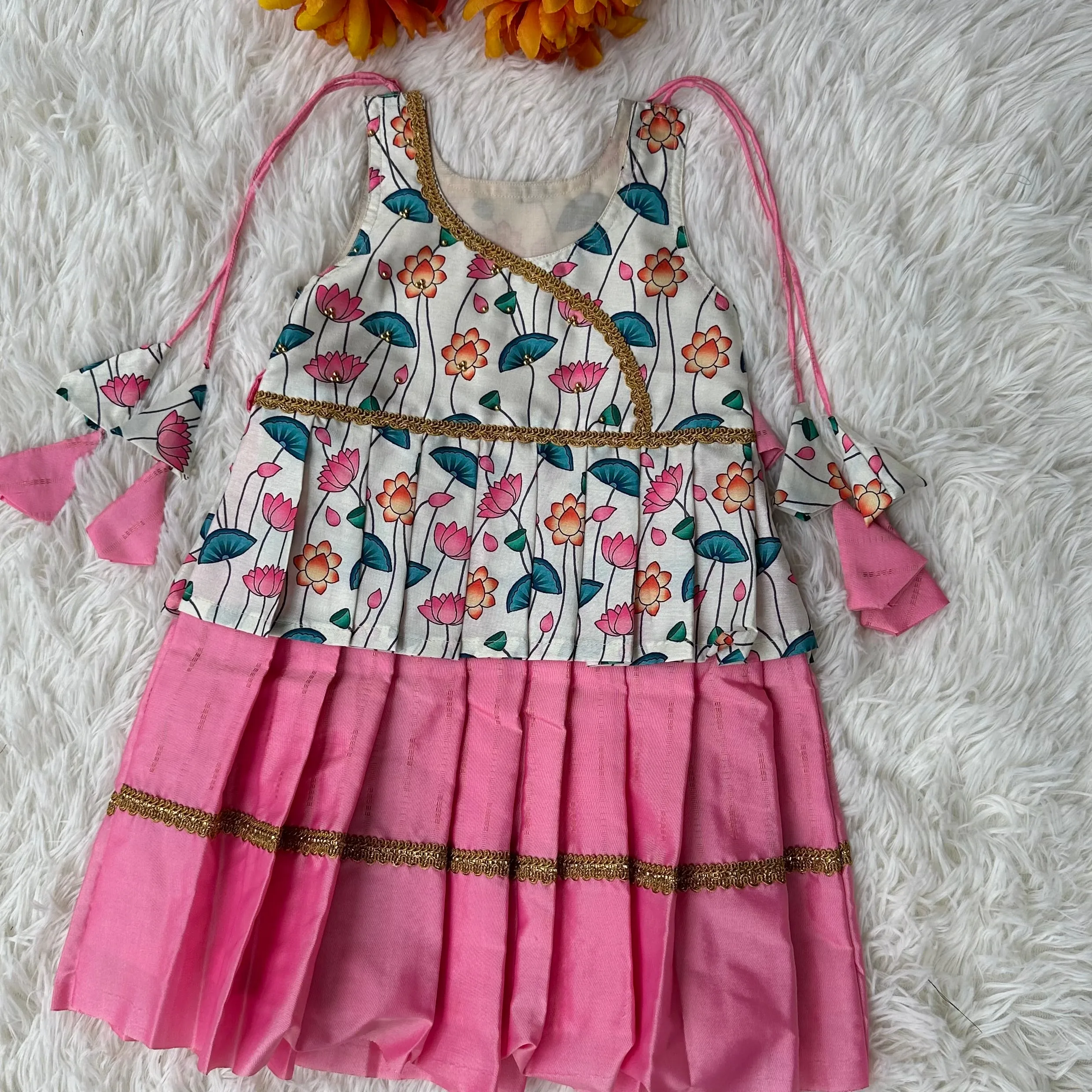 Pichwai print Shoulder Tie frock: Milk White, Pink, Tussar silk elegance.