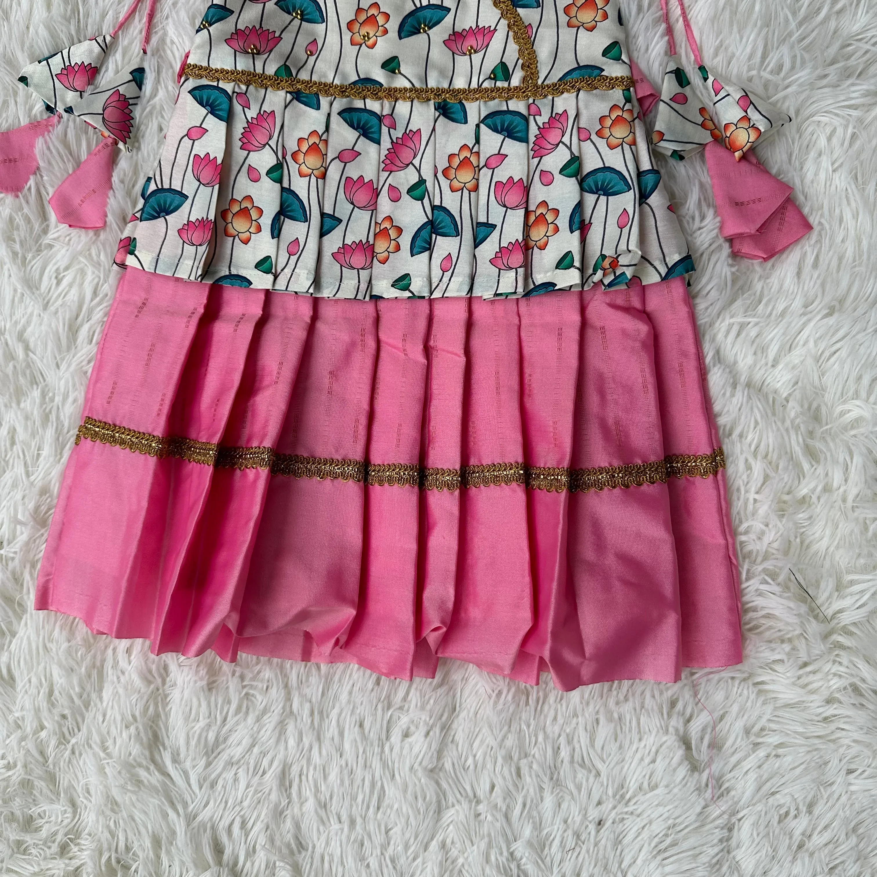 Pichwai print Shoulder Tie frock: Milk White, Pink, Tussar silk elegance.