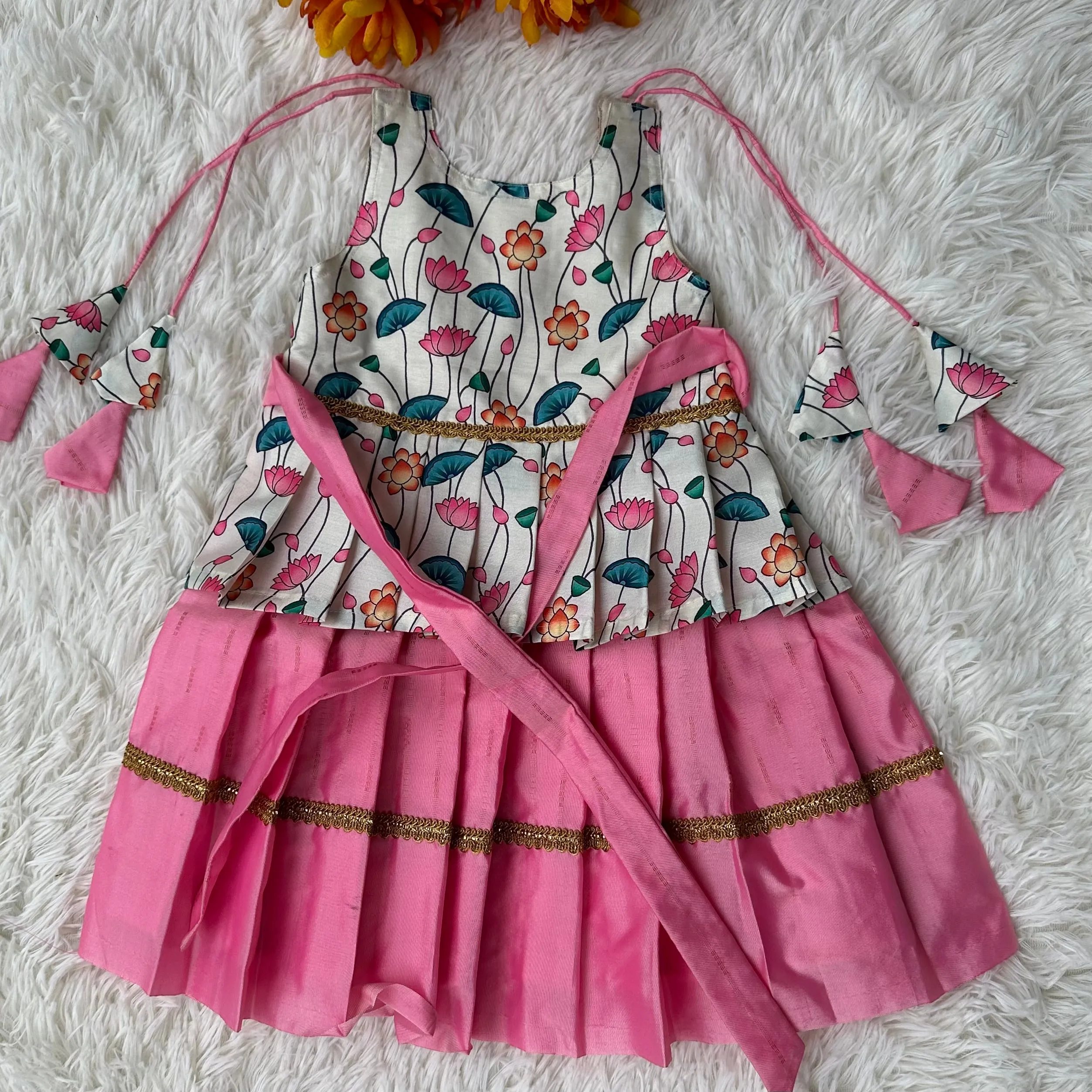 Pichwai print Shoulder Tie frock: Milk White, Pink, Tussar silk elegance.