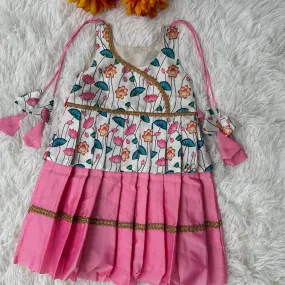 Pichwai print Shoulder Tie frock: Milk White, Pink, Tussar silk elegance.