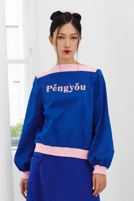 Pre-Order BLUE COTTON WITH 'PENGYOU' SILK SCREEN PRINT WITH PINK RIB KNIT - LONG SLEEVE SHIRT - BLUE