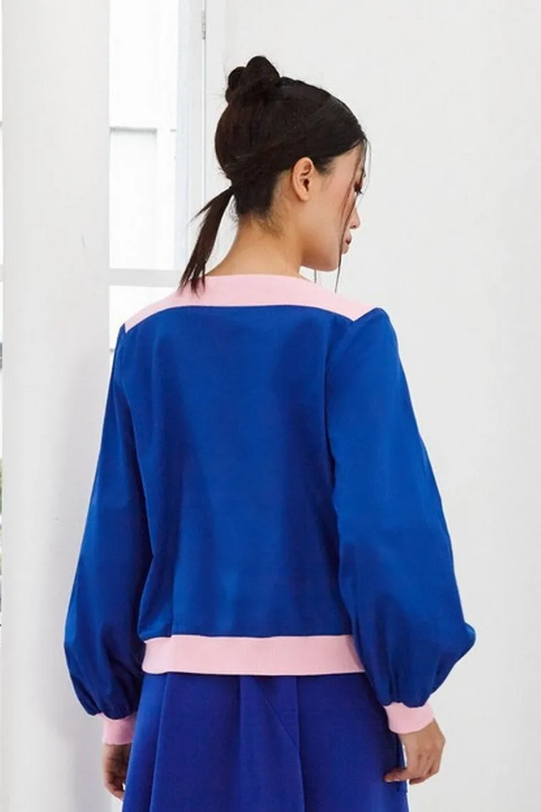 Pre-Order BLUE COTTON WITH 'PENGYOU' SILK SCREEN PRINT WITH PINK RIB KNIT - LONG SLEEVE SHIRT - BLUE