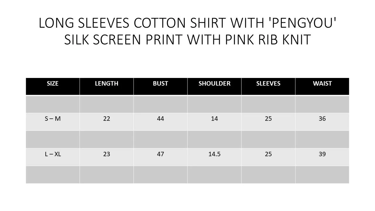 Pre-Order BLUE COTTON WITH 'PENGYOU' SILK SCREEN PRINT WITH PINK RIB KNIT - LONG SLEEVE SHIRT - BLUE