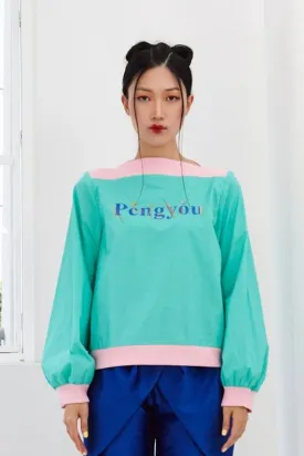 Pre-Order GREEN COTTON WITH 'PENGYOU' SILK SCREEN PRINT AND PINK RIB KNIT - LONG SLEEVE SHIRT - GREEN