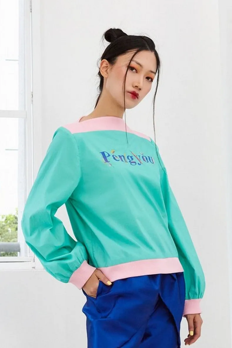 Pre-Order GREEN COTTON WITH 'PENGYOU' SILK SCREEN PRINT AND PINK RIB KNIT - LONG SLEEVE SHIRT - GREEN