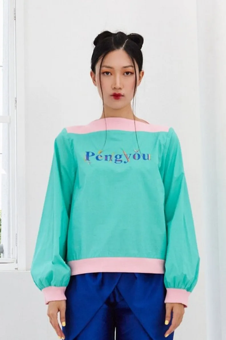 Pre-Order GREEN COTTON WITH 'PENGYOU' SILK SCREEN PRINT AND PINK RIB KNIT - LONG SLEEVE SHIRT - GREEN