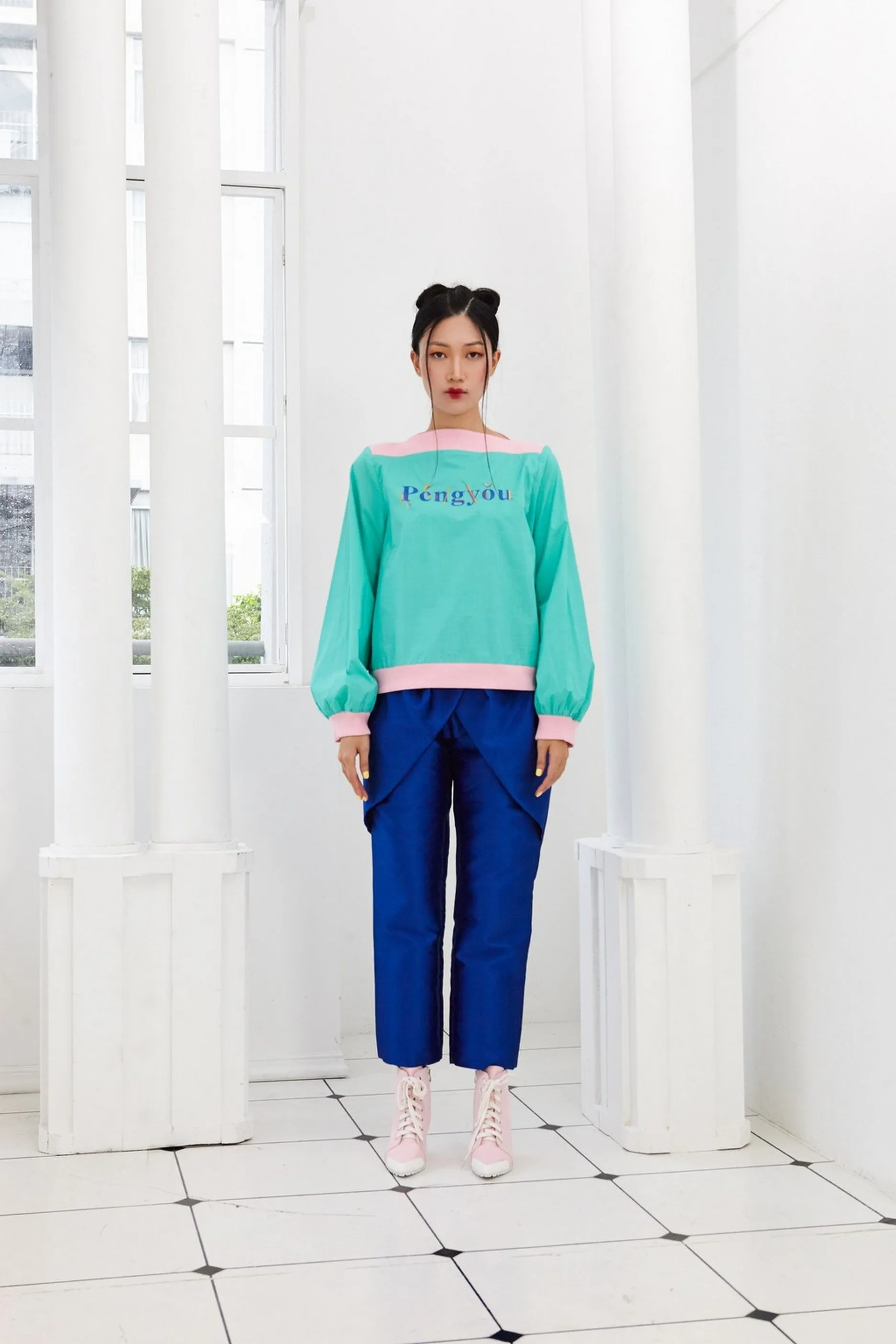 Pre-Order GREEN COTTON WITH 'PENGYOU' SILK SCREEN PRINT AND PINK RIB KNIT - LONG SLEEVE SHIRT - GREEN