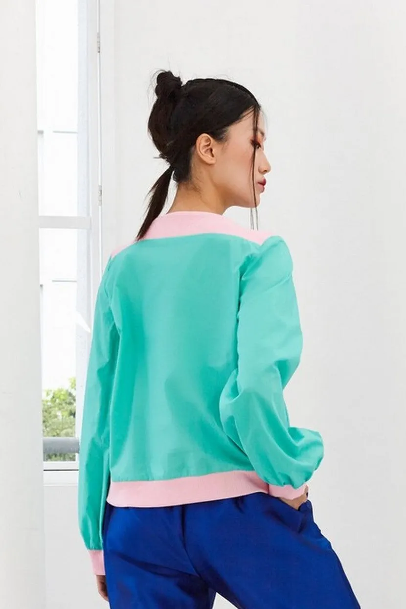 Pre-Order GREEN COTTON WITH 'PENGYOU' SILK SCREEN PRINT AND PINK RIB KNIT - LONG SLEEVE SHIRT - GREEN