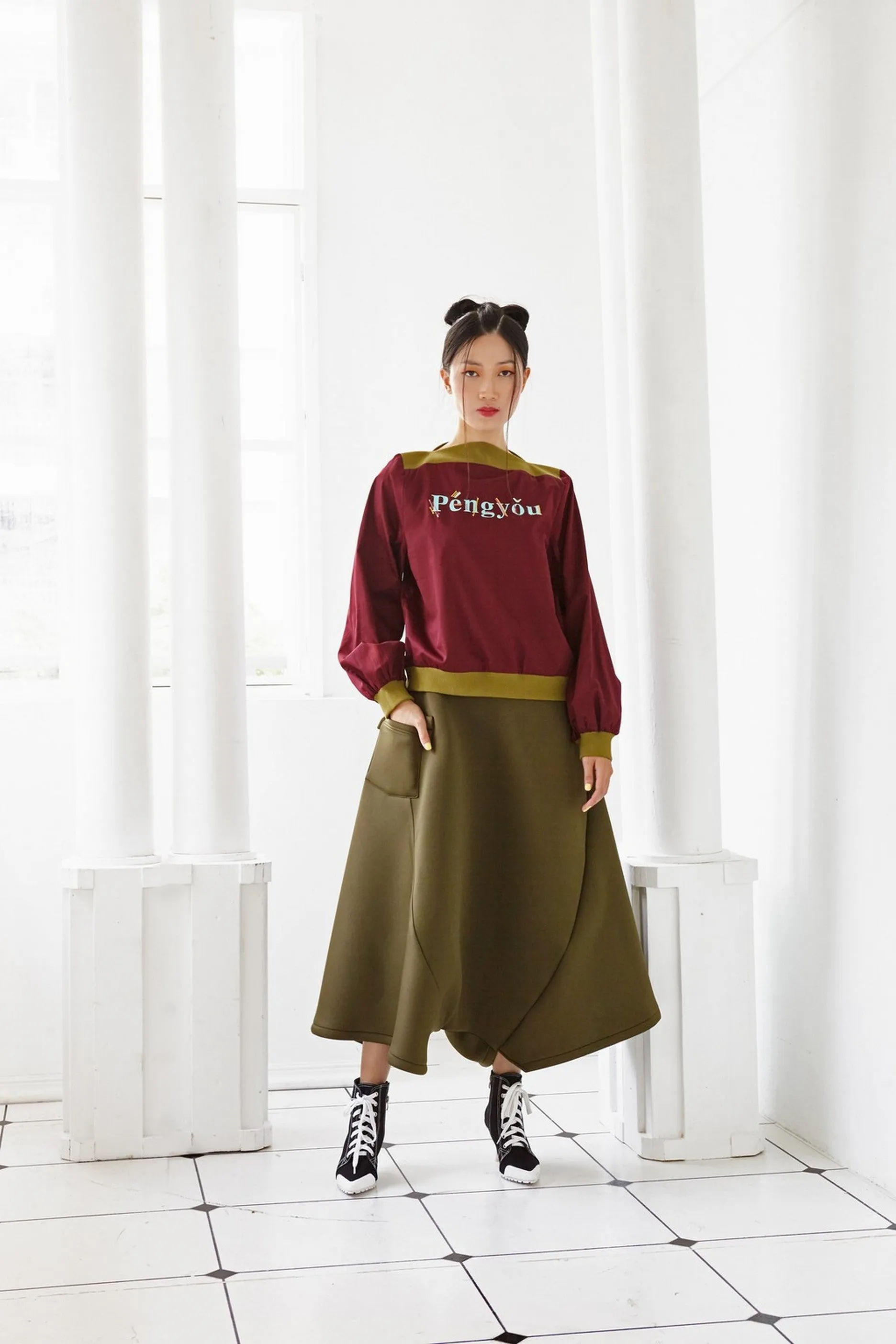 Pre-Order MAROON COTTON WITH 'PENGYOU' SILK SCREEN PRINT AND OLIVE GREEN RIB KNIT - LONG SLEEVE SHIRT - MAROON