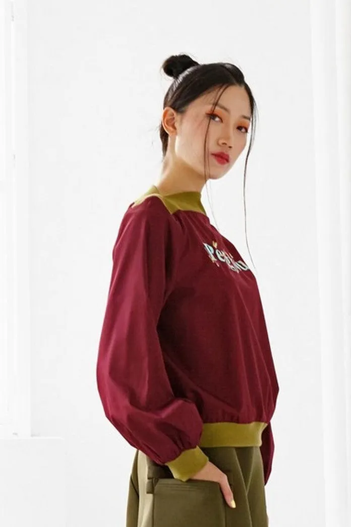 Pre-Order MAROON COTTON WITH 'PENGYOU' SILK SCREEN PRINT AND OLIVE GREEN RIB KNIT - LONG SLEEVE SHIRT - MAROON