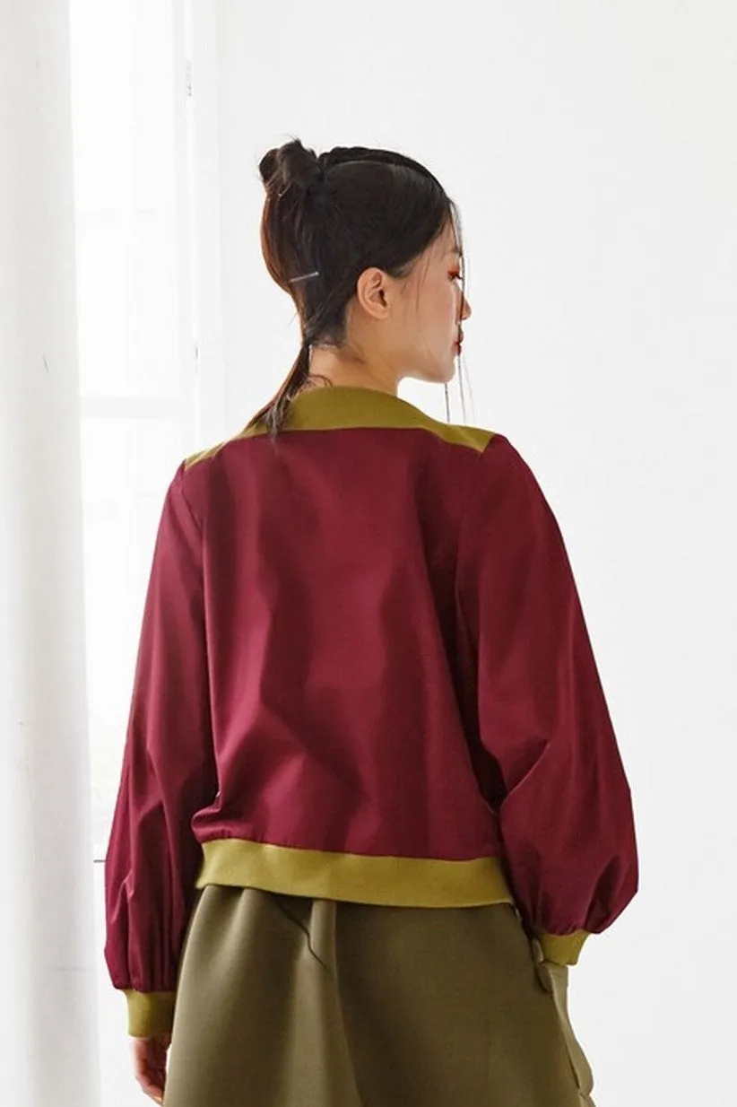 Pre-Order MAROON COTTON WITH 'PENGYOU' SILK SCREEN PRINT AND OLIVE GREEN RIB KNIT - LONG SLEEVE SHIRT - MAROON