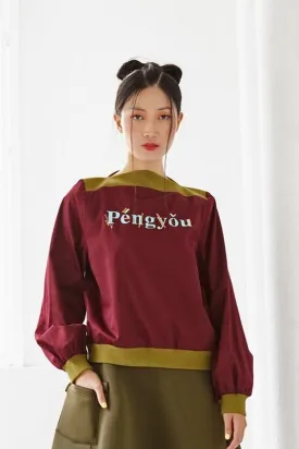 Pre-Order MAROON COTTON WITH 'PENGYOU' SILK SCREEN PRINT AND OLIVE GREEN RIB KNIT - LONG SLEEVE SHIRT - MAROON