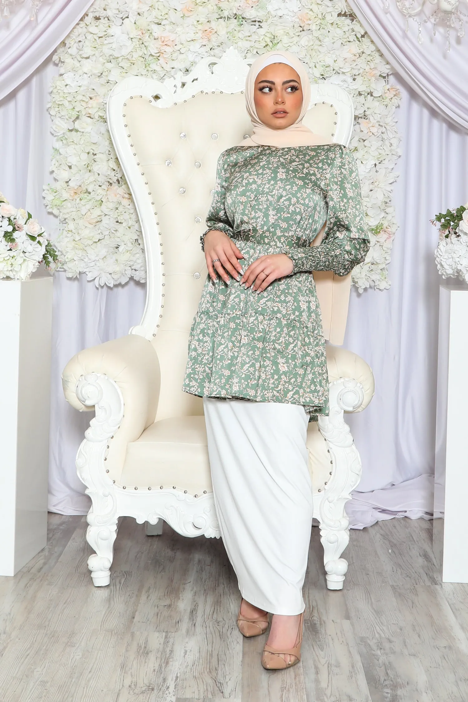 Satin Floral Ruffle Top- Hunter Green