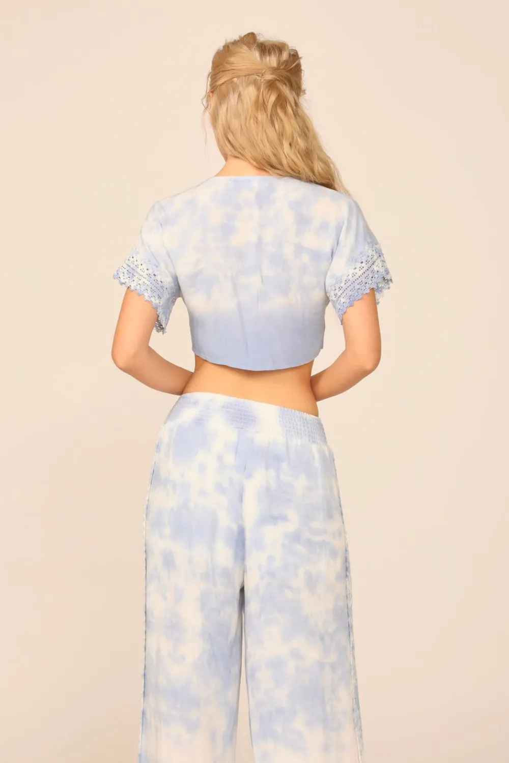 Summer White / Soft Denim Dip Dye Crochet Trim Tie Front Top
