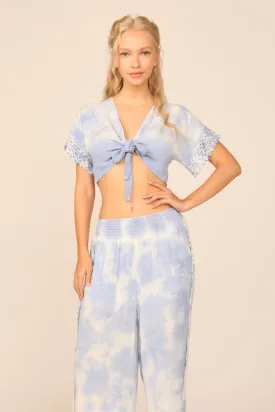 Summer White / Soft Denim Dip Dye Crochet Trim Tie Front Top