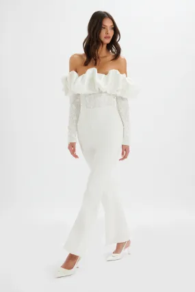 TALLULAH 3D Embroidered Satin Puff Jumpsuit in White