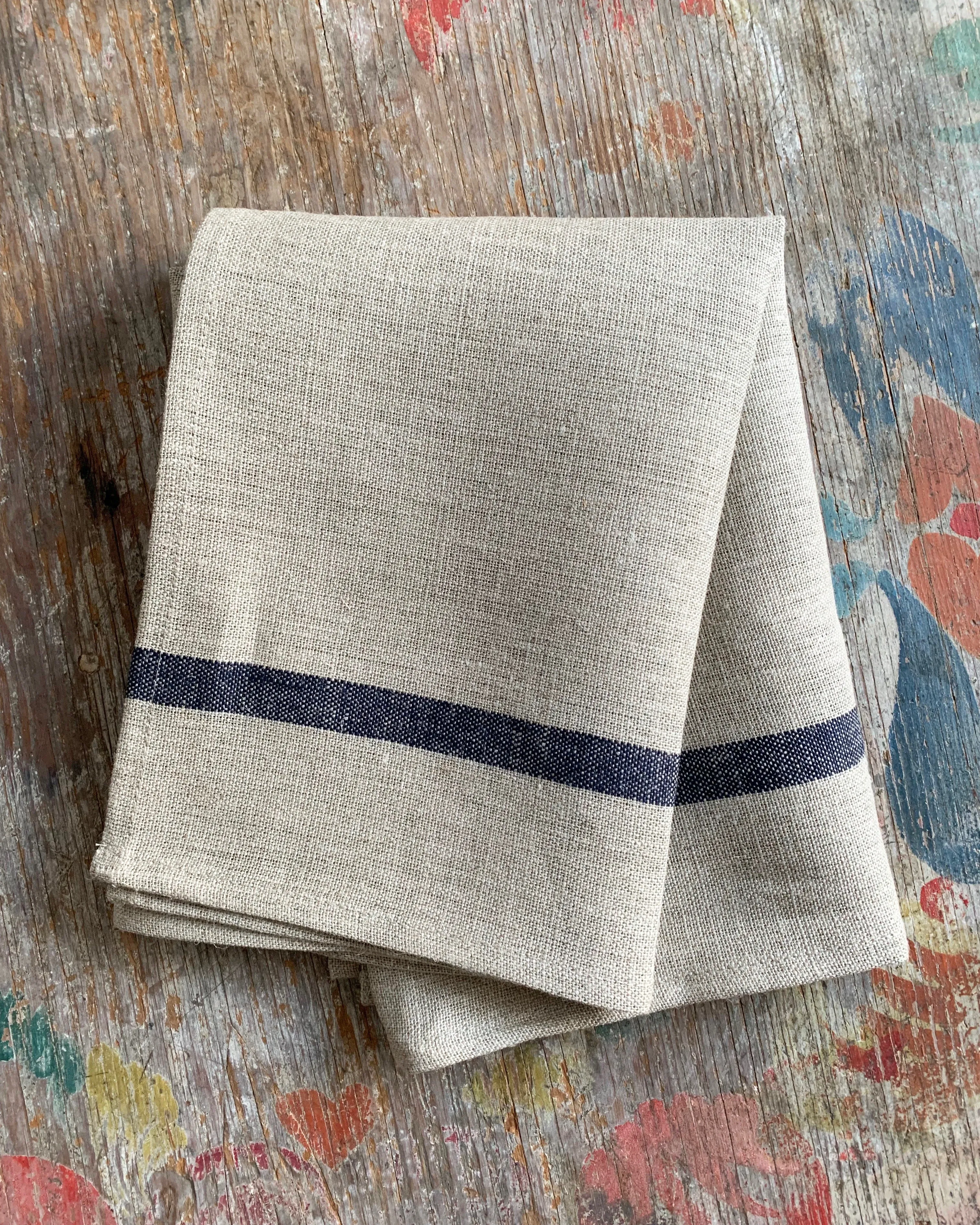 Thick Linen Kitchen Cloth: Natural with Navy Stripe