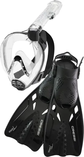 Used Cressi Baron Full Face Mask And Tonga Short Open Heel Fins Combo Set - Clear/Black/Black - Small/Medium-Small/Medium