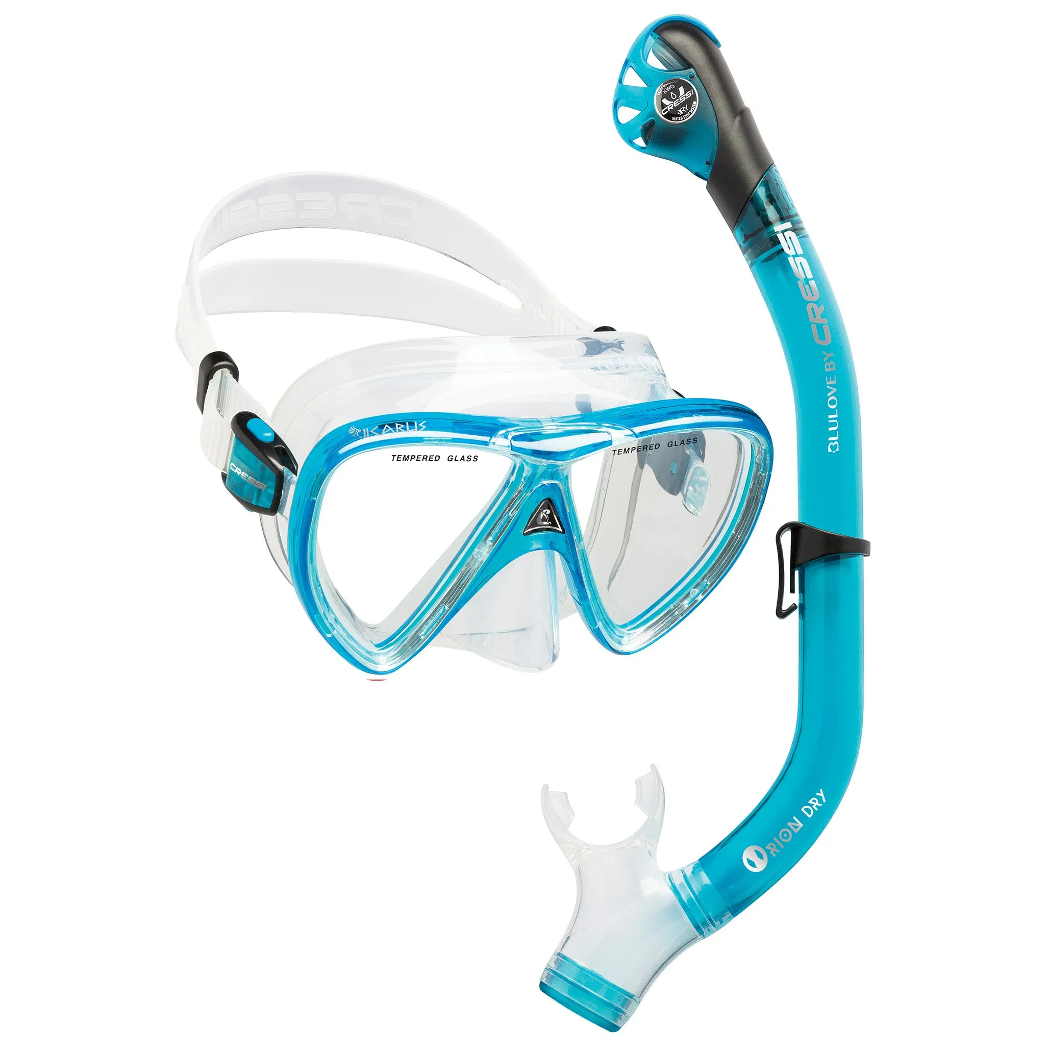 Used Cressi Ikarus Mask with Orion Dry Snorkel Combo - Translucent Aquamarine