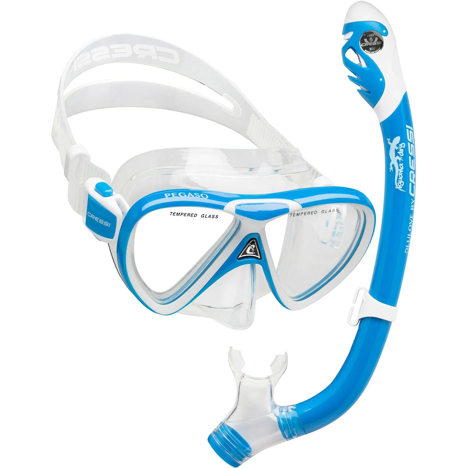 Used Cressi Pegaso Mask and Iguana Snorkel Dry Kids Package - Blue / White