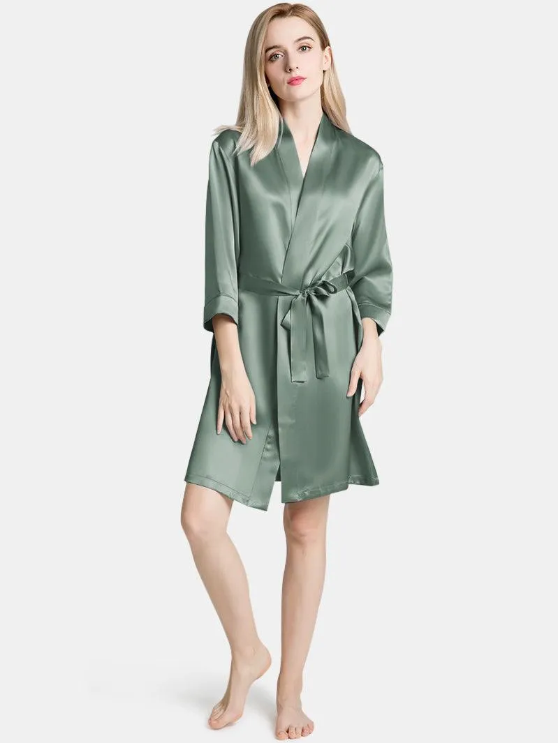 V-Neck Ladies Soft Sleepwear Short Self-tie Belt Silk Robe for Women
