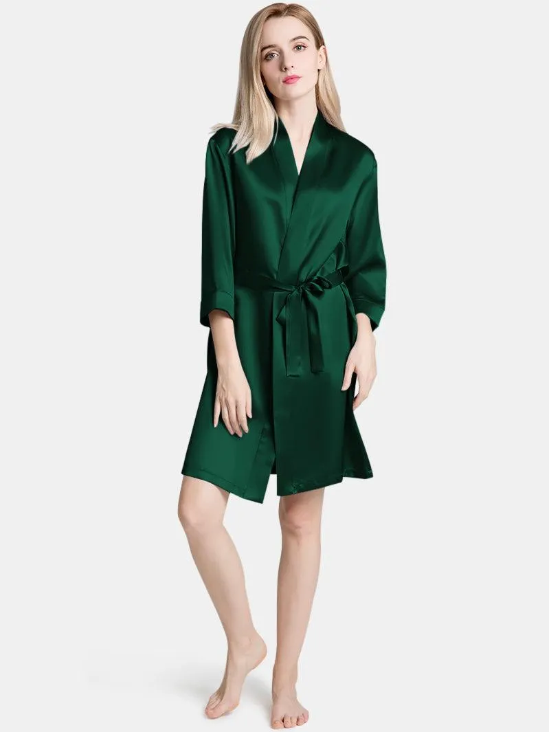 V-Neck Ladies Soft Sleepwear Short Self-tie Belt Silk Robe for Women