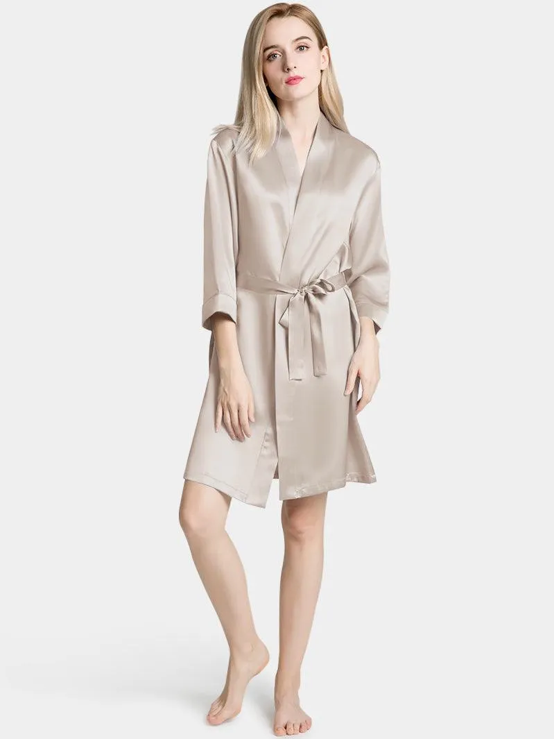 V-Neck Ladies Soft Sleepwear Short Self-tie Belt Silk Robe for Women