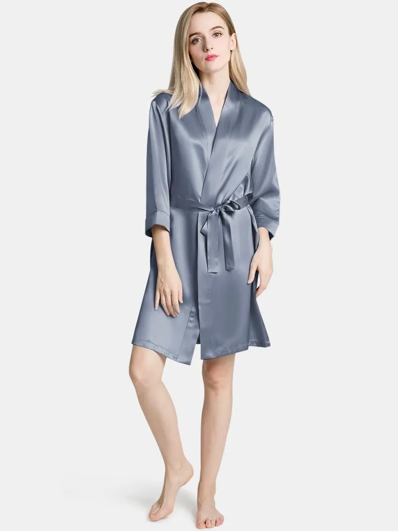 V-Neck Ladies Soft Sleepwear Short Self-tie Belt Silk Robe for Women