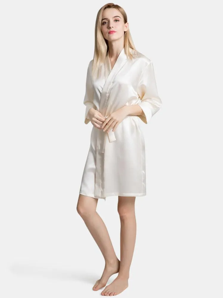 V-Neck Ladies Soft Sleepwear Short Self-tie Belt Silk Robe for Women