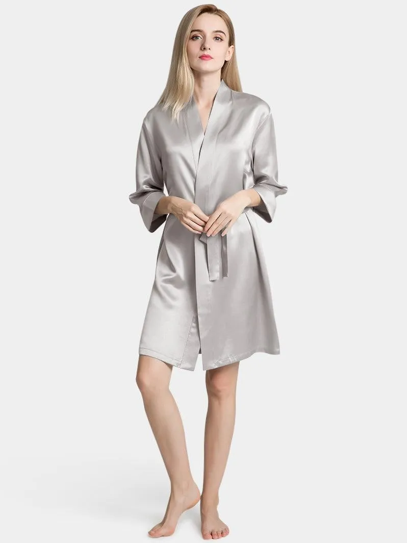 V-Neck Ladies Soft Sleepwear Short Self-tie Belt Silk Robe for Women