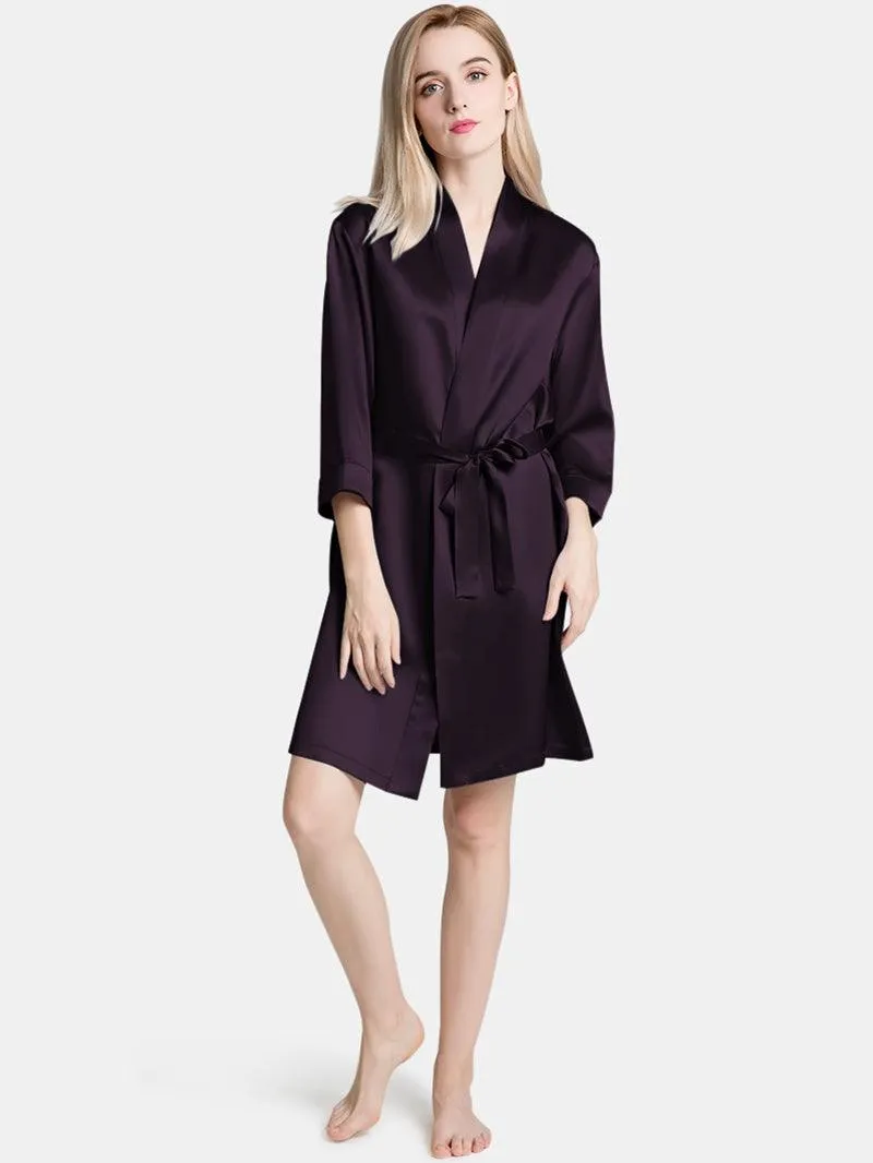 V-Neck Ladies Soft Sleepwear Short Self-tie Belt Silk Robe for Women