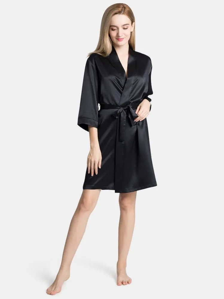 V-Neck Ladies Soft Sleepwear Short Self-tie Belt Silk Robe for Women