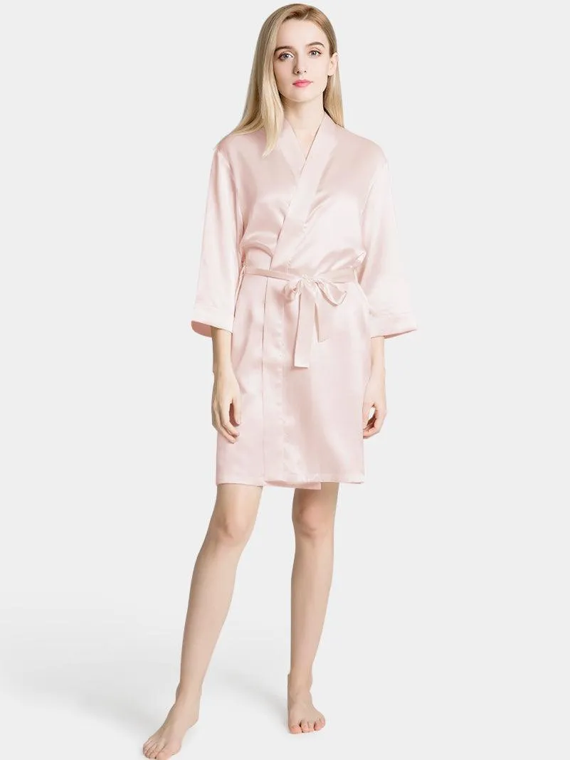 V-Neck Ladies Soft Sleepwear Short Self-tie Belt Silk Robe for Women