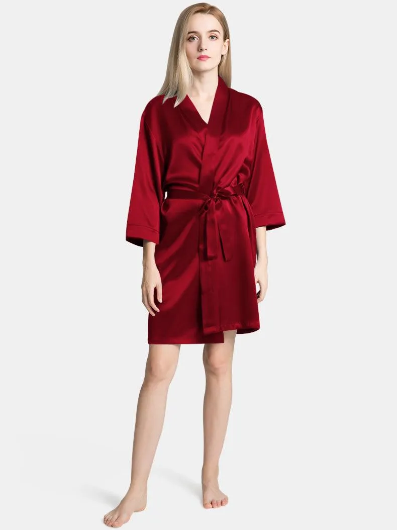 V-Neck Ladies Soft Sleepwear Short Self-tie Belt Silk Robe for Women