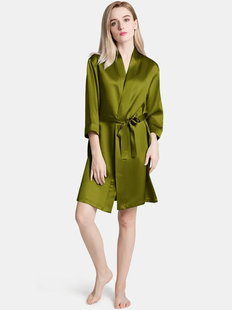 V-Neck Ladies Soft Sleepwear Short Self-tie Belt Silk Robe for Women