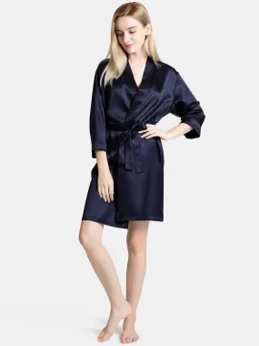 V-Neck Ladies Soft Sleepwear Short Self-tie Belt Silk Robe for Women