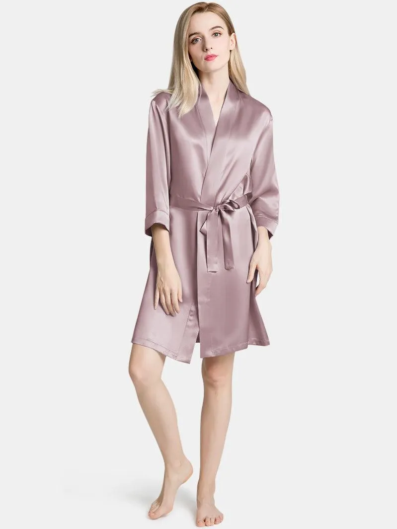 V-Neck Ladies Soft Sleepwear Short Self-tie Belt Silk Robe for Women
