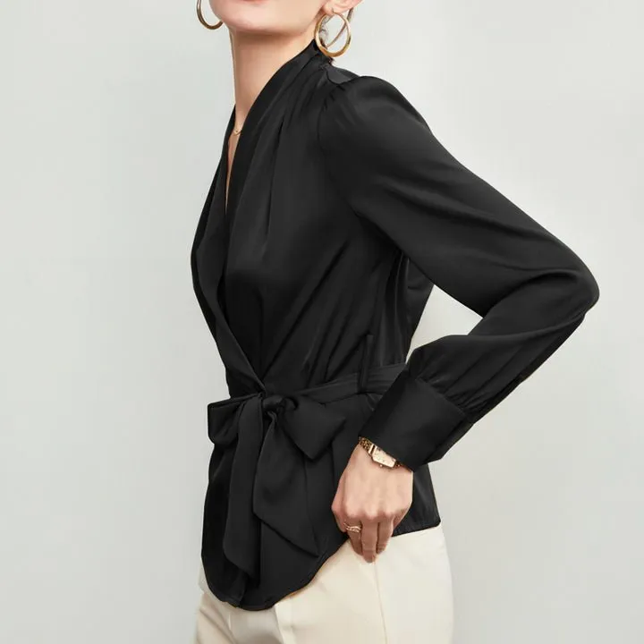 V Neck Pure Silk Blouse Silk Top Shirt With A Belt for Women