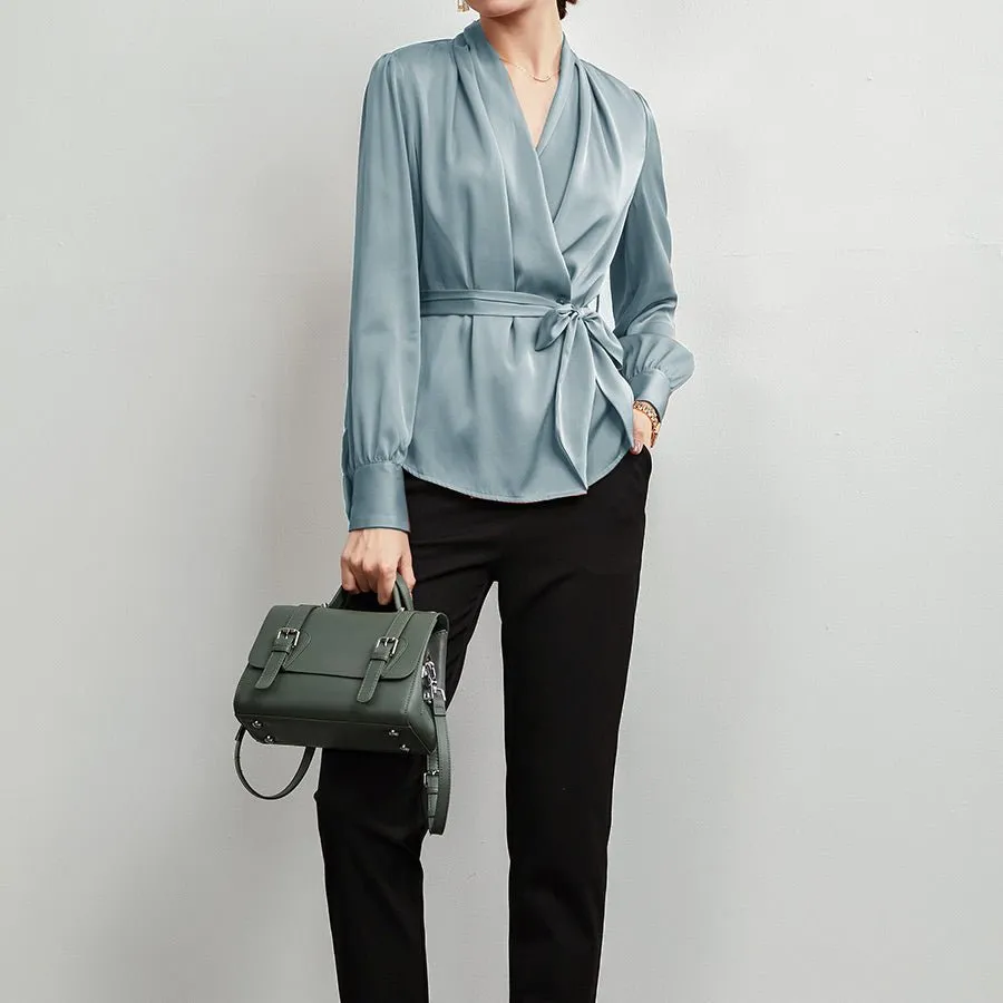V Neck Pure Silk Blouse Silk Top Shirt With A Belt for Women