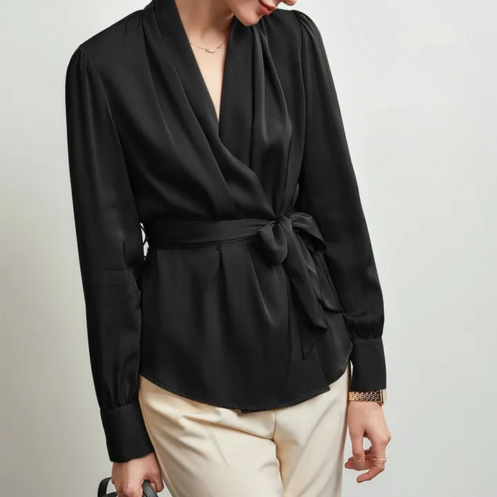 V Neck Pure Silk Blouse Silk Top Shirt With A Belt for Women