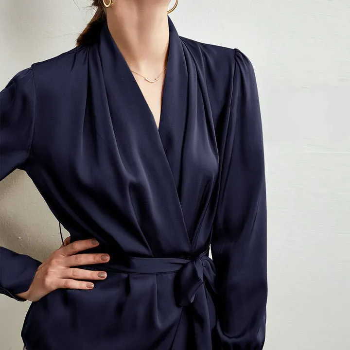 V Neck Pure Silk Blouse Silk Top Shirt With A Belt for Women