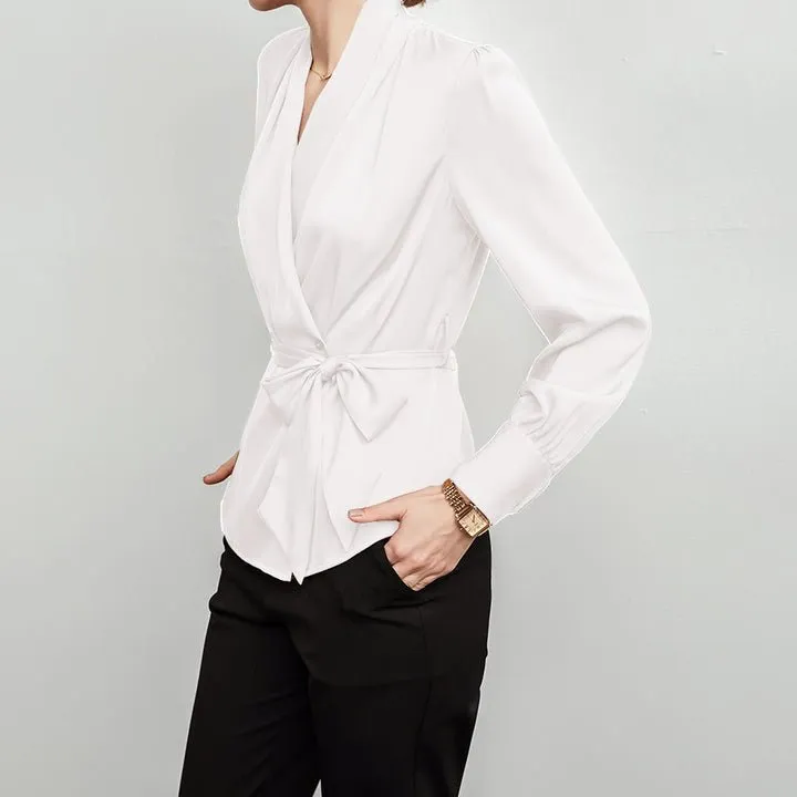 V Neck Pure Silk Blouse Silk Top Shirt With A Belt for Women