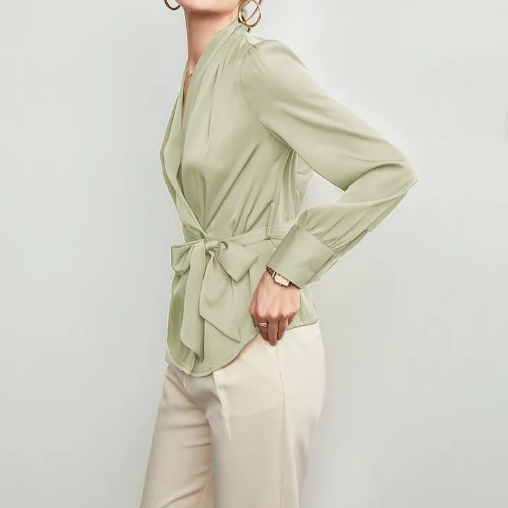 V Neck Pure Silk Blouse Silk Top Shirt With A Belt for Women