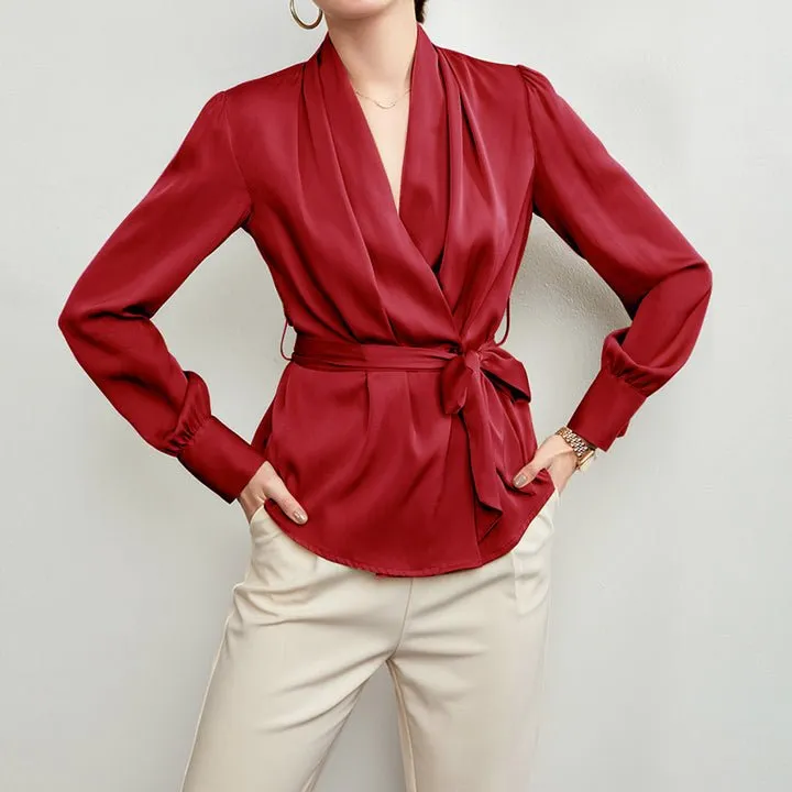 V Neck Pure Silk Blouse Silk Top Shirt With A Belt for Women