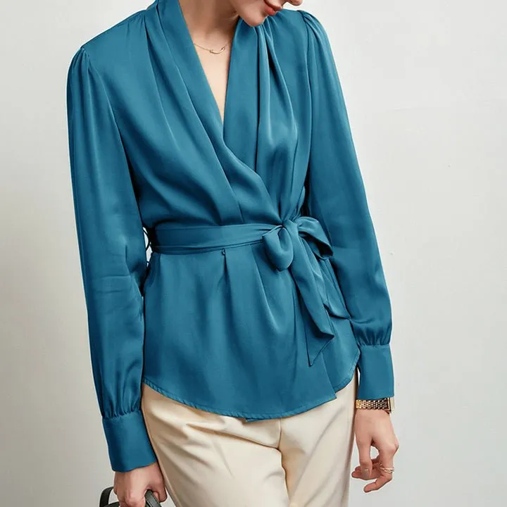 V Neck Pure Silk Blouse Silk Top Shirt With A Belt for Women