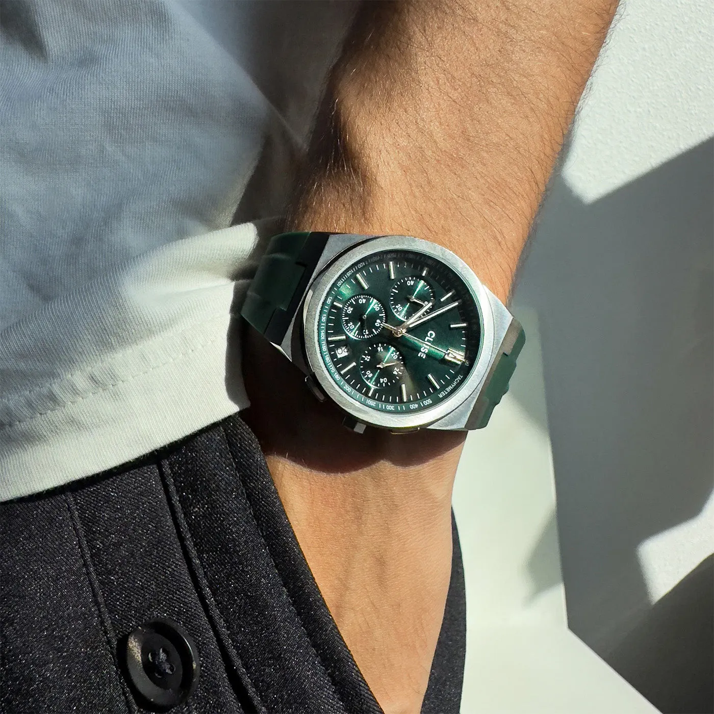 Vigoureux Chrono Watch Silicone Green, Silver Colour