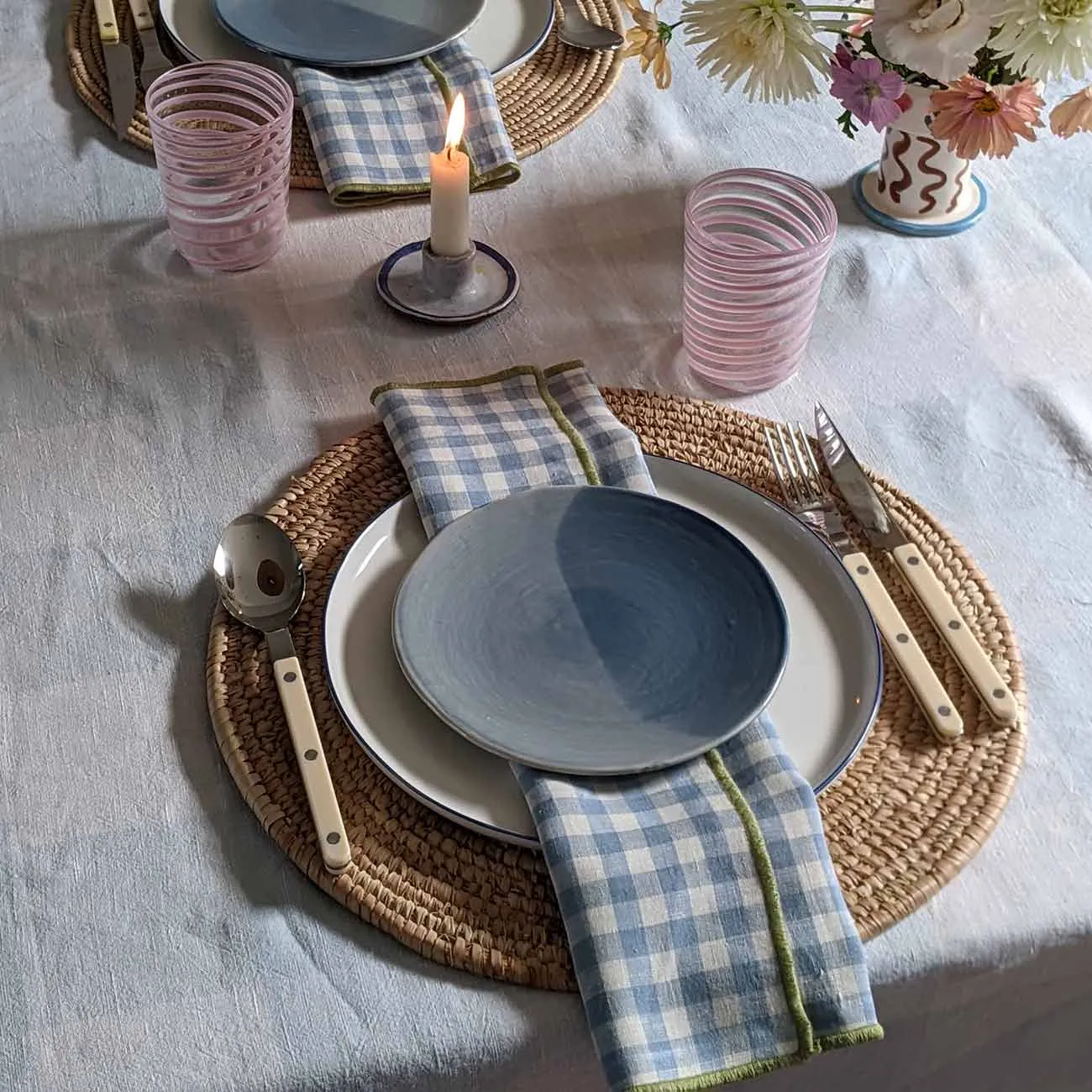 Warm Blue Gingham Linen Napkins Set of 4